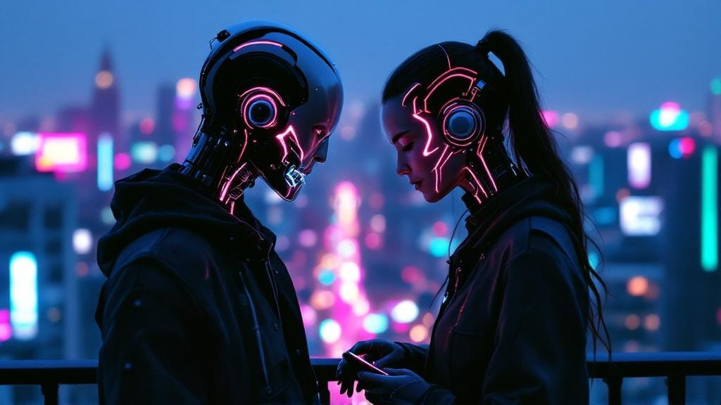 Two cyber-enhanced partners standing close under neon city lights, their illuminated circuitry suggesting emotional connection through digital intimacy.