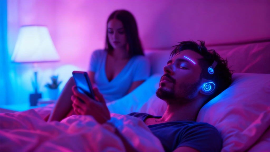Partner sitting in warm neon light while the other is illuminated by phone glow with visible chrome temple implant, illustrating digital distraction in modern intimacy.