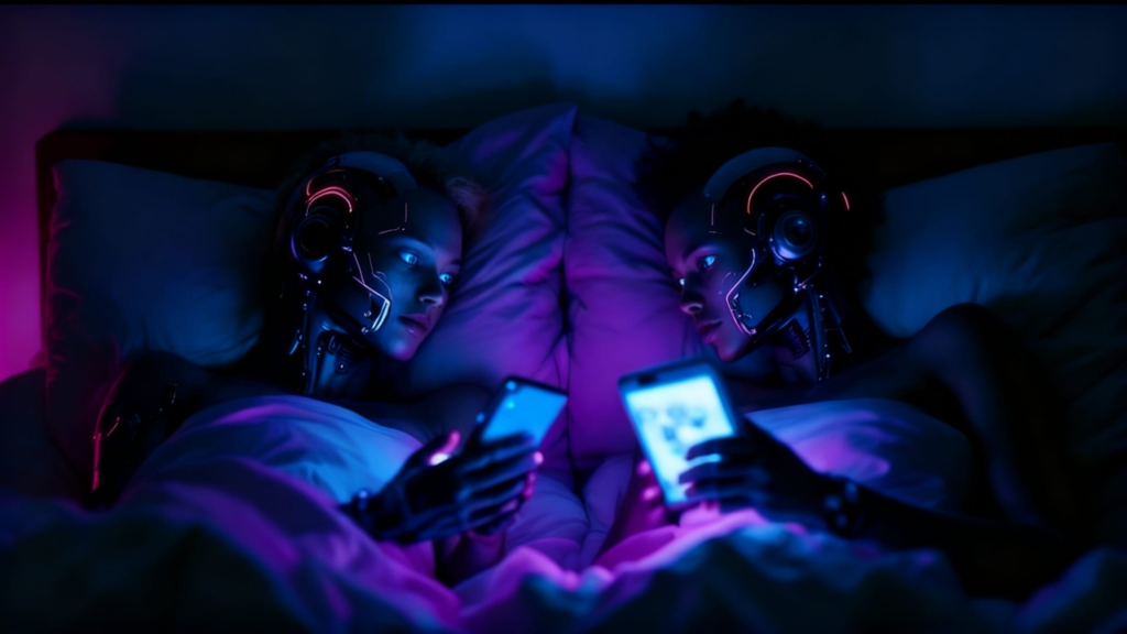 Couple in neon-lit bedroom separated by glowing phone and tablet screens, chrome cybernetic implants reflecting digital light and illustrating division by porn use and social media in relationship intimacy.