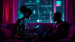 Cyber-intimate couple in a neon-lit room, woman with glowing cybernetic arm holding phone while partner with visible biomechanical chest implant sits in emotional distance, symbolizing social media validation addiction in relationships.
