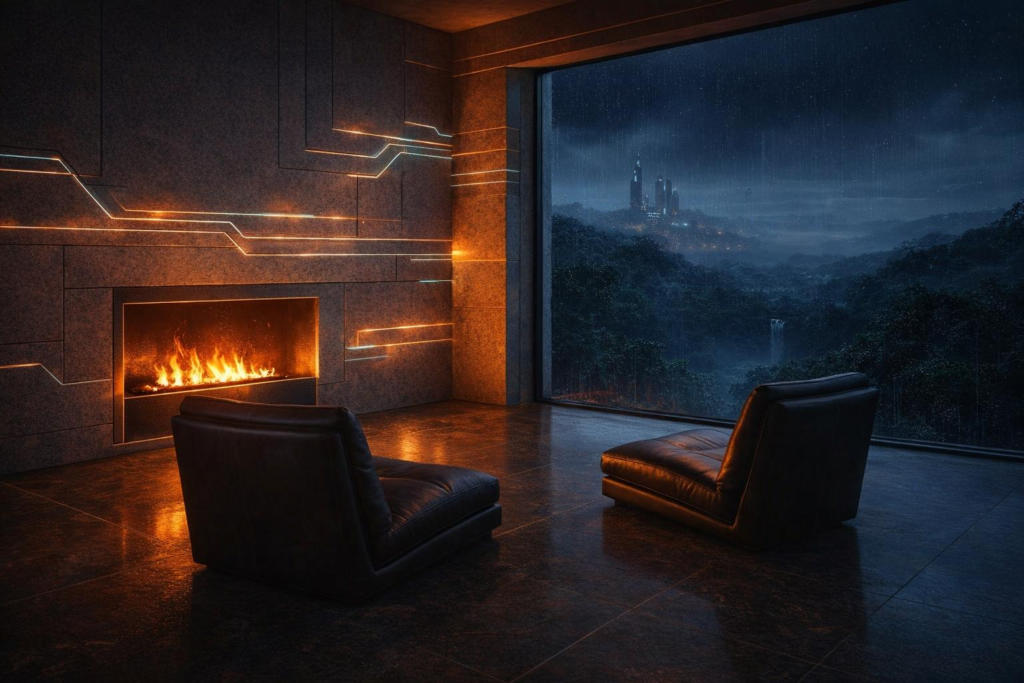 Modern stone living room with dark brown leather chairs facing a vivid copper fireplace, teal circuitry lighting in the walls, and stormy rainforest city lights outside, symbolizing low emotional threshold activation and rapid intensity.
