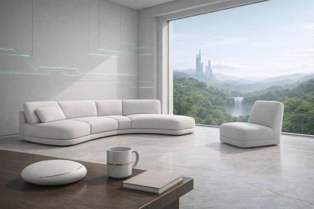 Minimalist stone living room with curved white sofa, muted teal circuitry lines in the walls, and expansive rainforest view, representing low emotional threshold sensitivity in a modern architectural space.