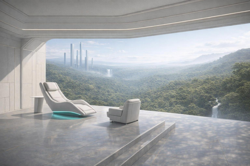 Futuristic therapeutic interior overlooking a rainforest skyline with waterfall, white chaise lounge featuring subtle teal glow and copper veined floor in a minimalist architectural space