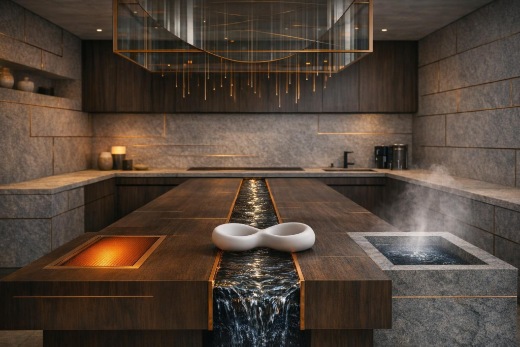 Futuristic kitchen with copper heating surface, flowing water channel, cool mist basin, and central white haptic interface, symbolizing mid emotional threshold sensory contrast and negotiated intensity.