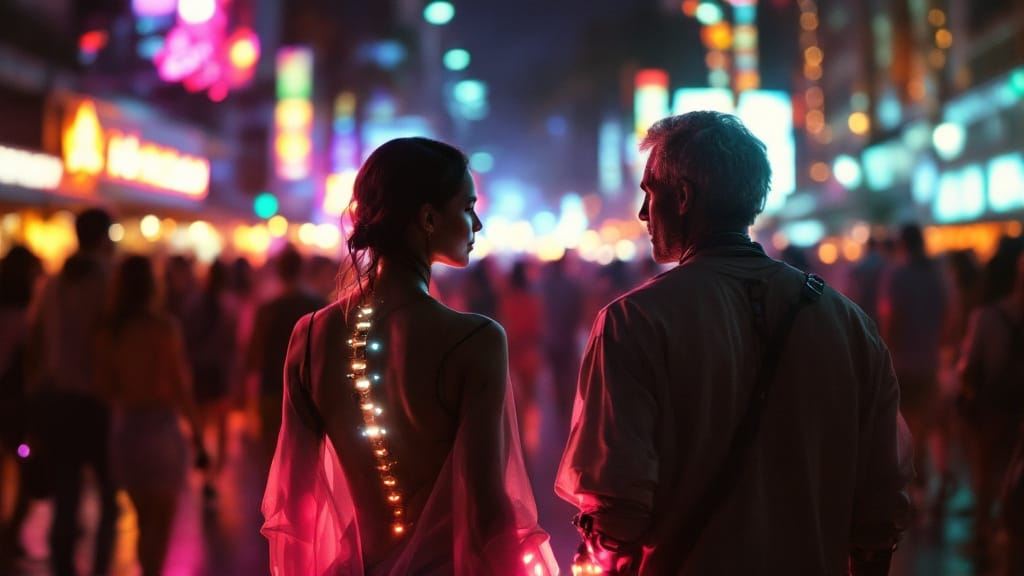 An older couple exploring a vibrant, futuristic street festival with a visible cybernetic implant reflecting neon light.