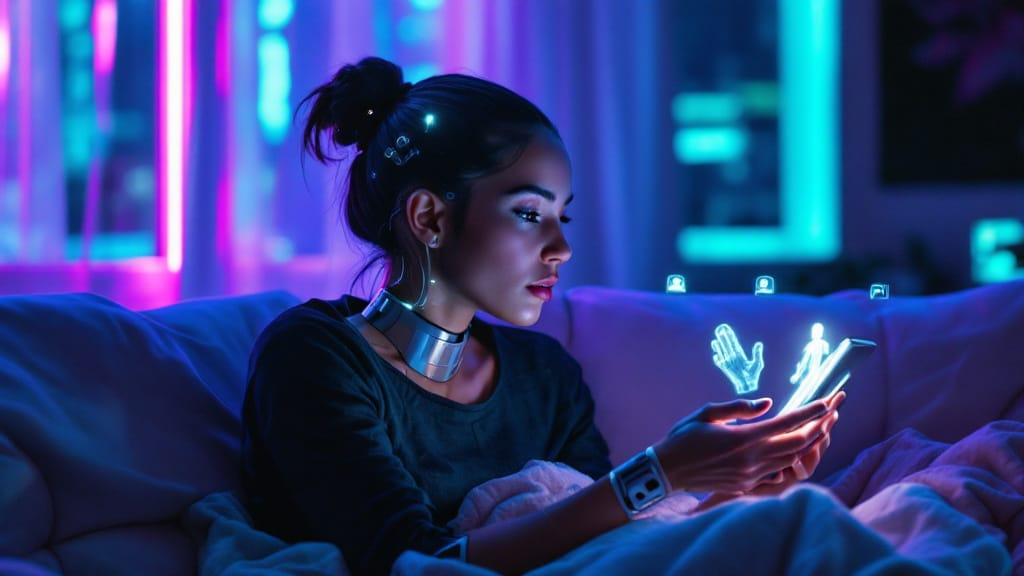 Cyborg on a couch at night, teal phone glow revealing collarbone circuitry and a faintly glowing iris.