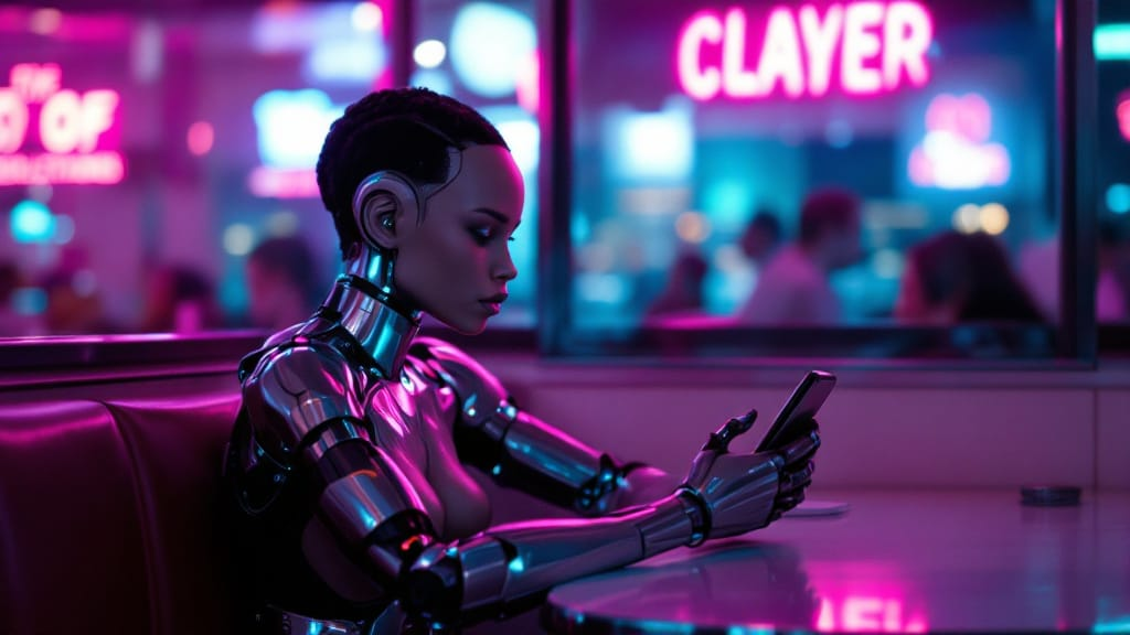 Cyborg in neon diner, translucent forearm shows chrome tendons, phone message reflecting in the window.