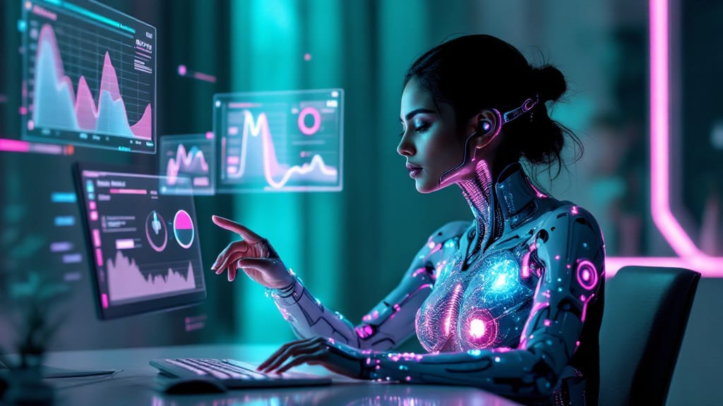 Cyborg woman at desk with floating sentiment graphs; heart-line interface glows in sync with her touch.
