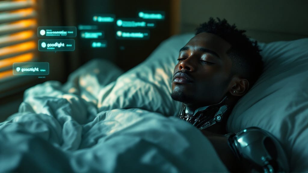Male cyborg lying in dim room, teal heart interface flickering as chat holograms fade around him.