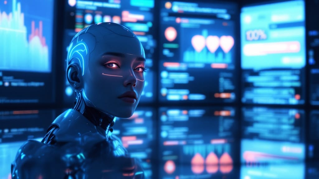 Nonbinary cyborg surrounded by glowing screens, reflections multiplying as graphs measure affection.