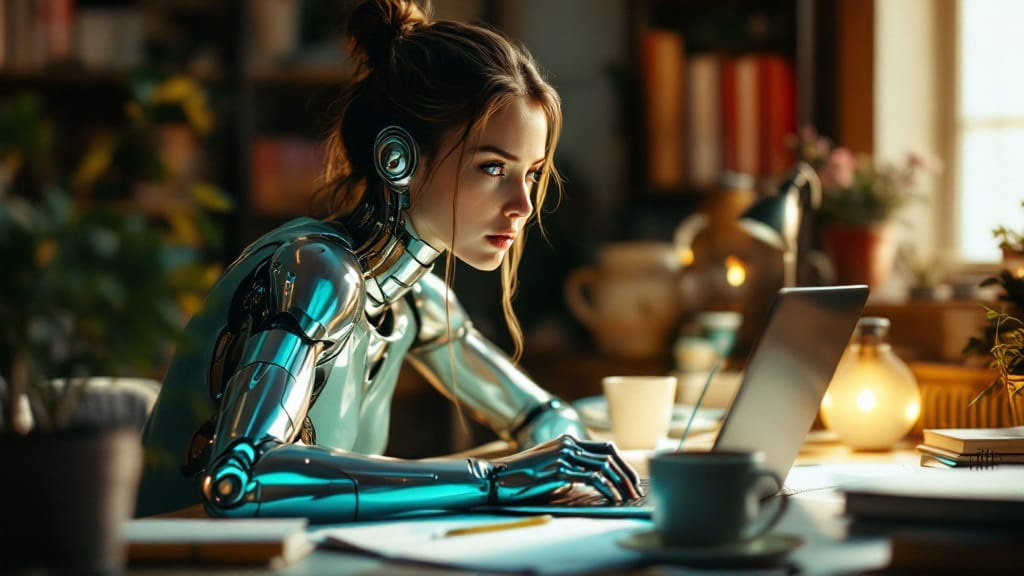 Female cyborg journaling beside laptop, chrome wrist seams catching sunlight through the window.