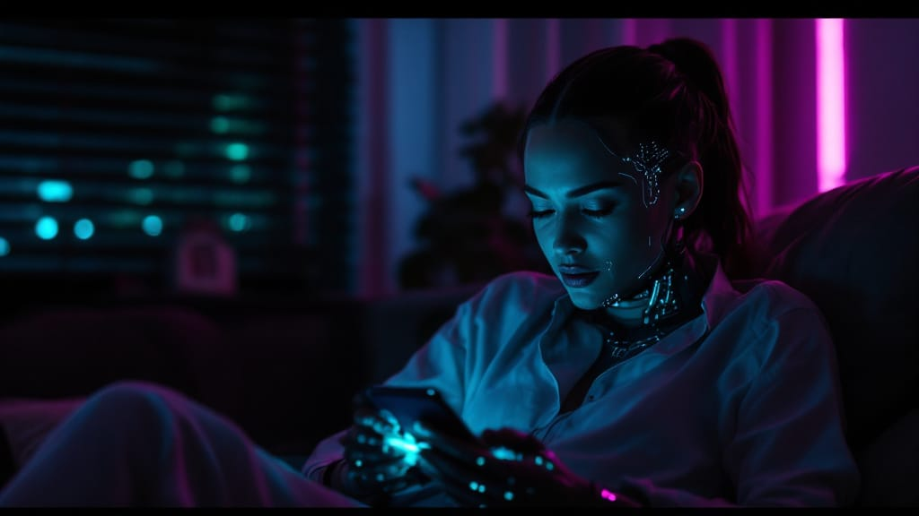 Person talking to AI in a private digital space, with phone glow and subtle cybernetic details.