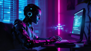 Person preparing an AI confession chat in a private digital space with subtle cybernetic details.
