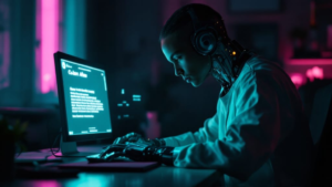 Person reading comforting AI responses in a private digital space with subtle cybernetic details.