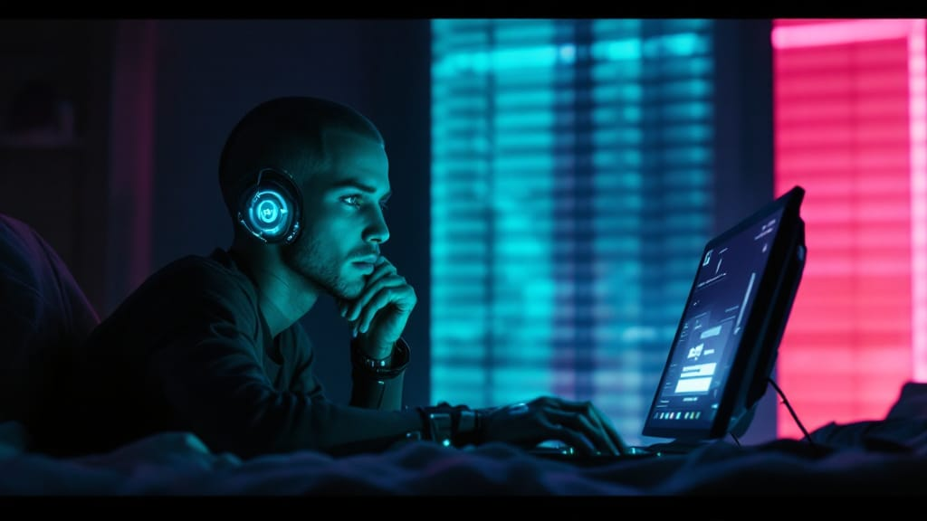 Person hesitating between AI emotional support and real human connection in a private digital space.